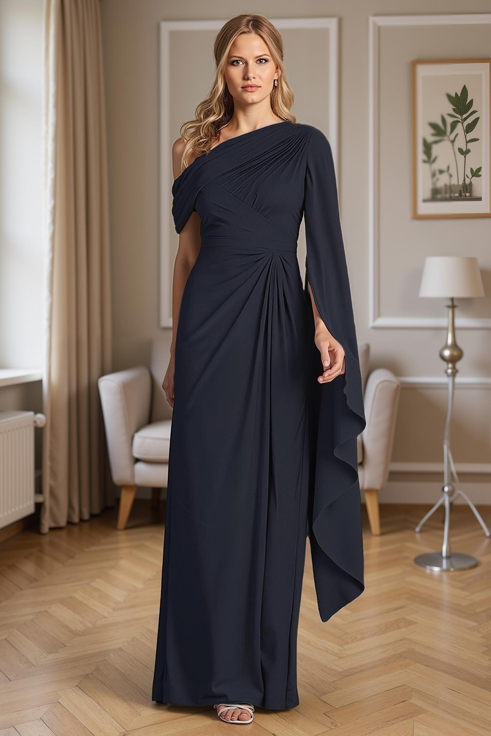 Champagne Sheath One Shoulder Floor-Length Mother of the Bride Dress with Side Cape
