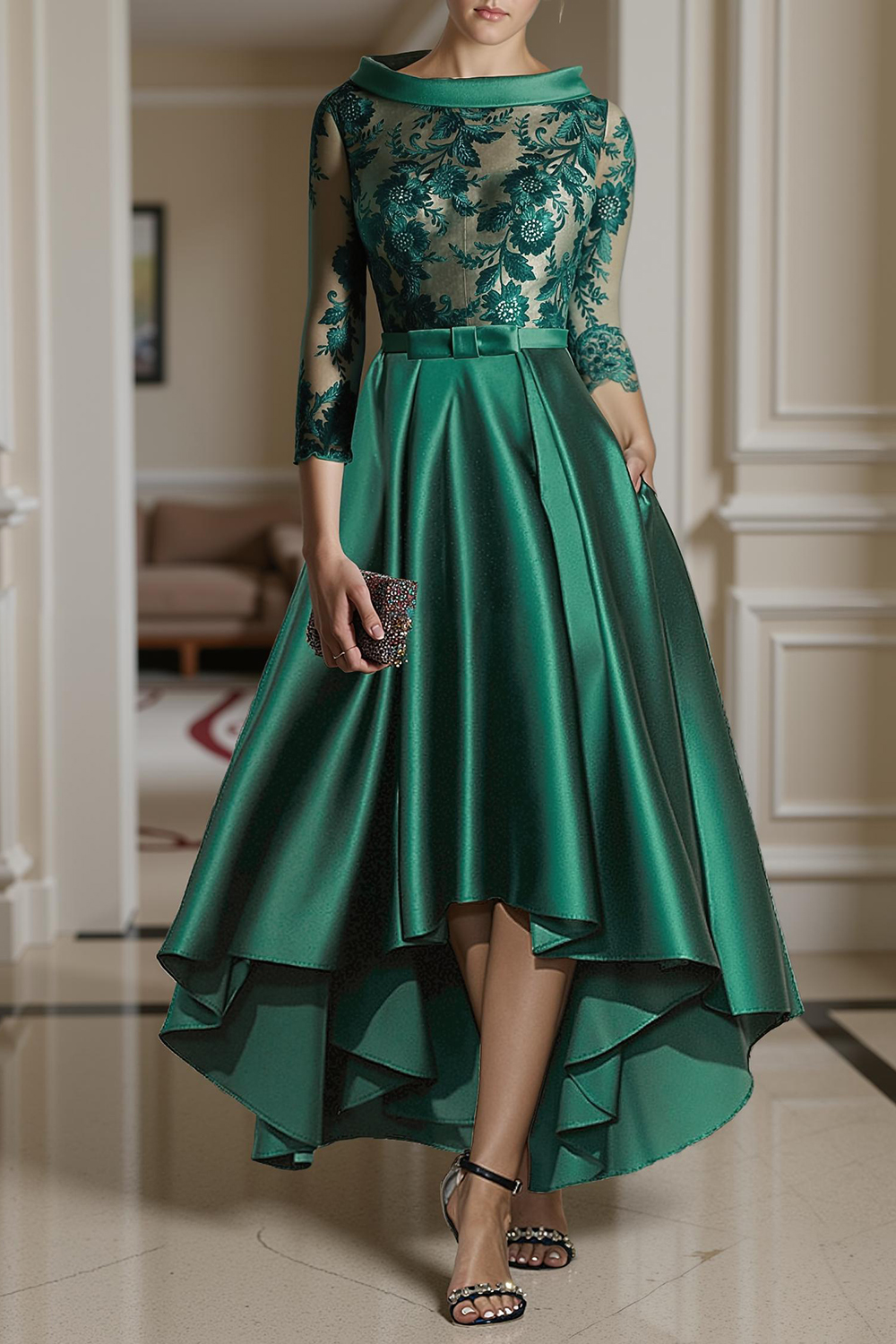 Floral Dark Green A Line Bateau Neck Satin High-Low Mother of the Bride Dress
