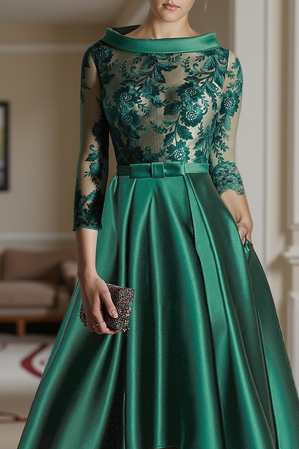 Floral Dark Green A Line Bateau Neck Satin High-Low Mother of the Bride Dress