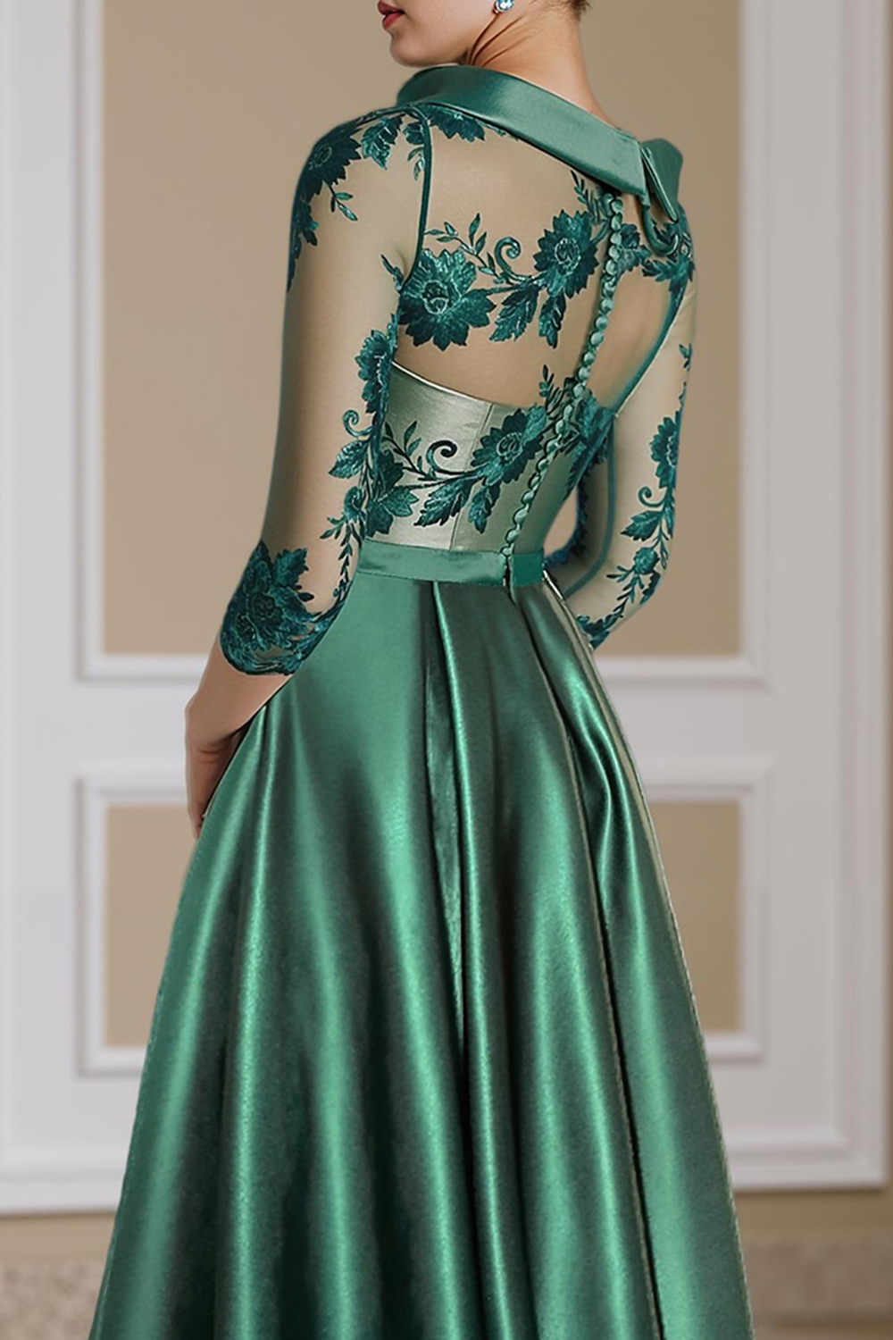 Floral Dark Green A Line Bateau Neck Satin High-Low Mother of the Bride Dress
