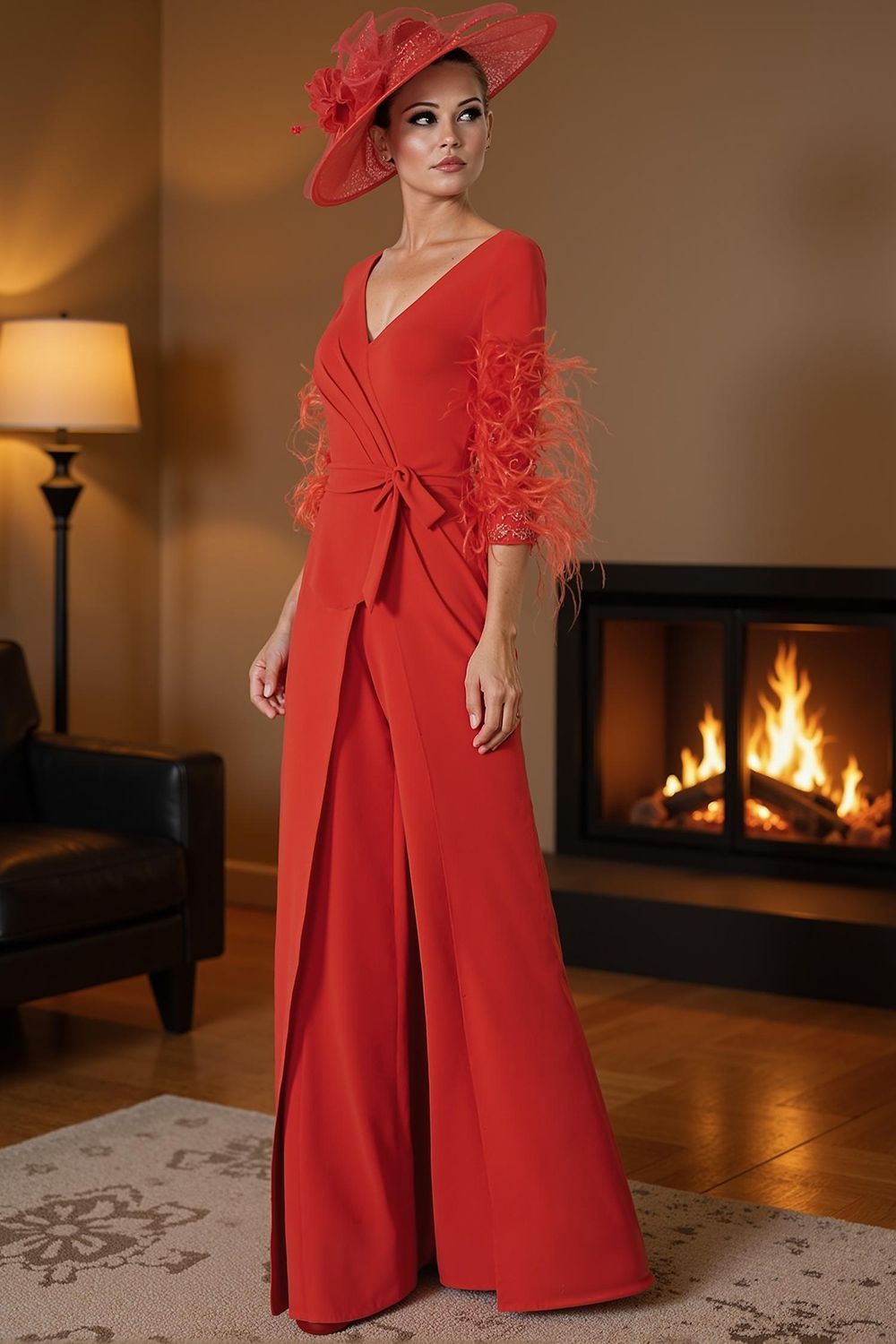 Red V-Neck Chiffon Mother of the Bride Jumpsuit with Feathers