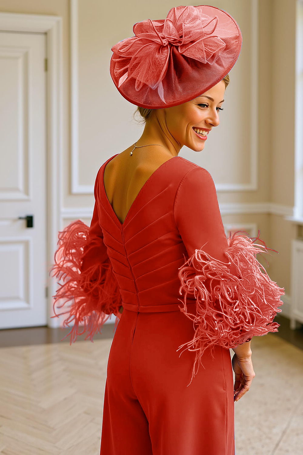 Red V-Neck Chiffon Mother of the Bride Jumpsuit with Feathers