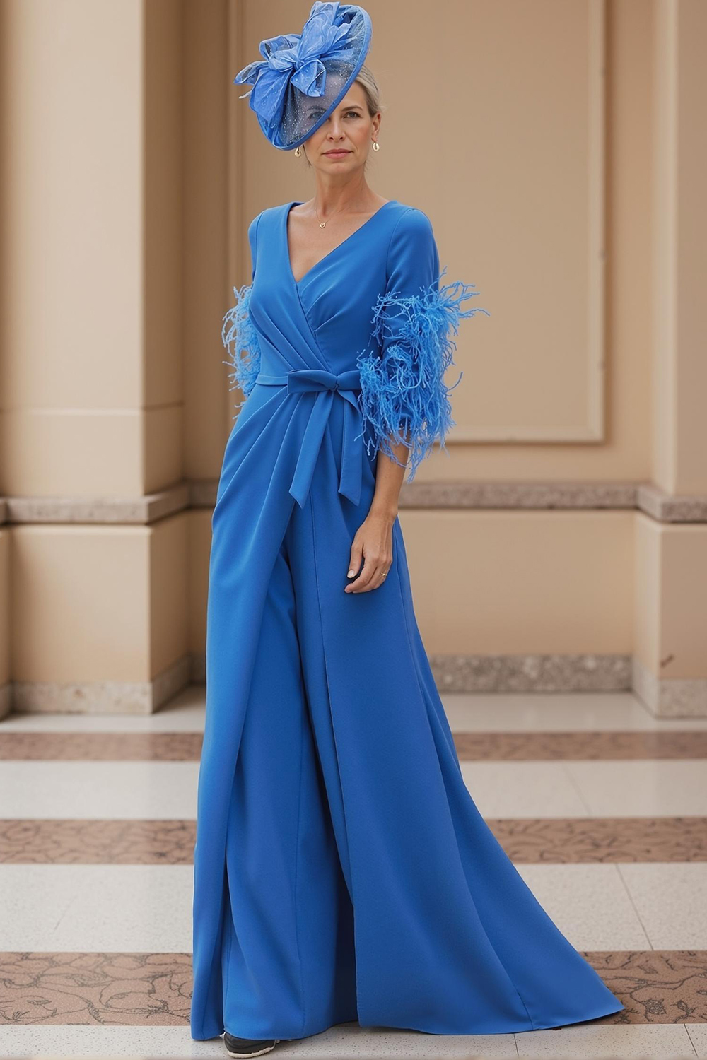 Red V-Neck Chiffon Mother of the Bride Jumpsuit with Feathers