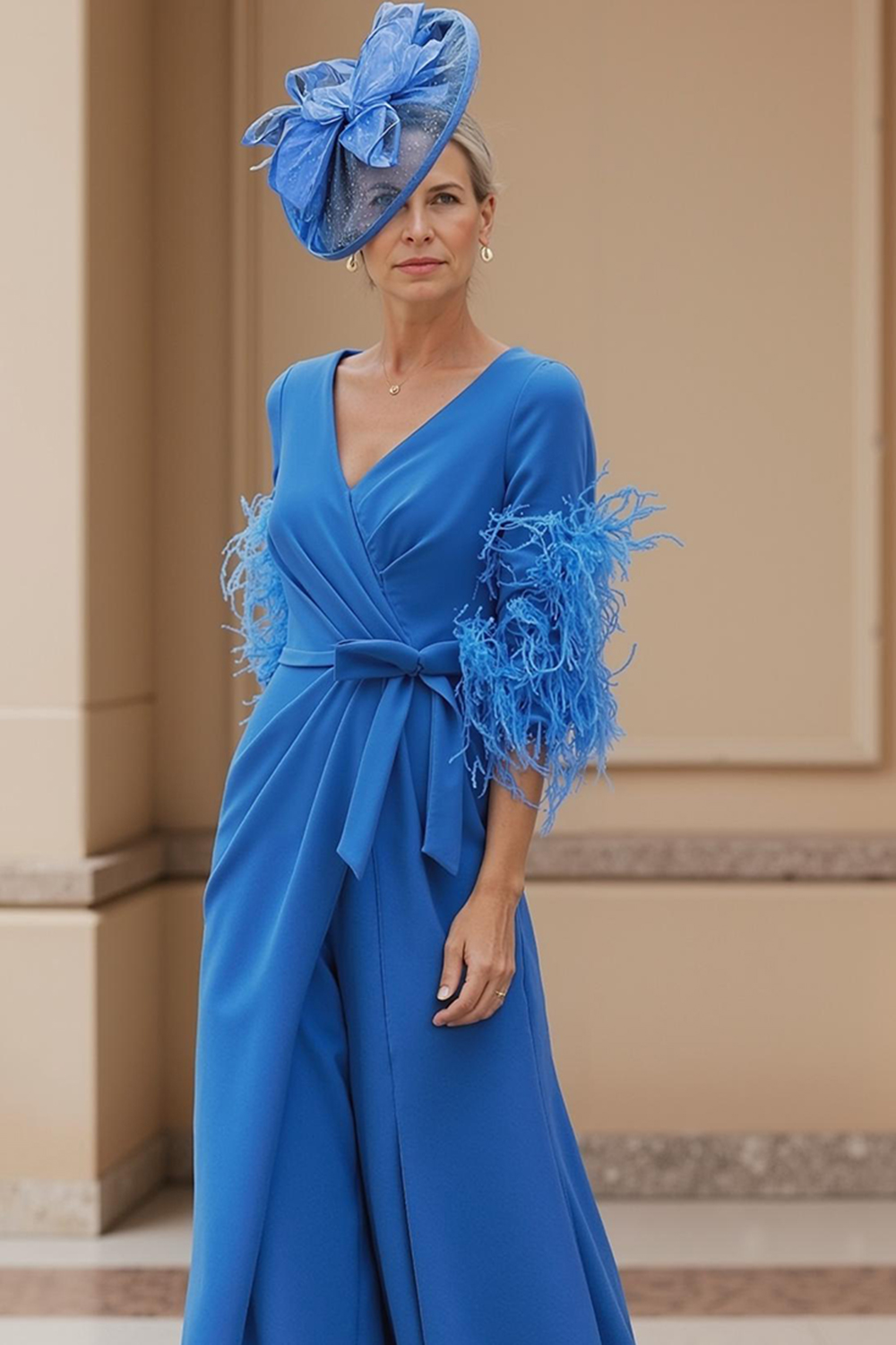 Red V-Neck Chiffon Mother of the Bride Jumpsuit with Feathers