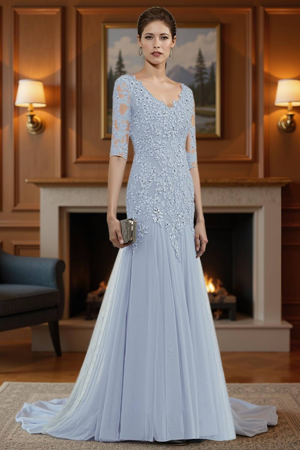 Ink Blue V-Neck A Line Floor-Length Mother of the Bride Dress with Lace