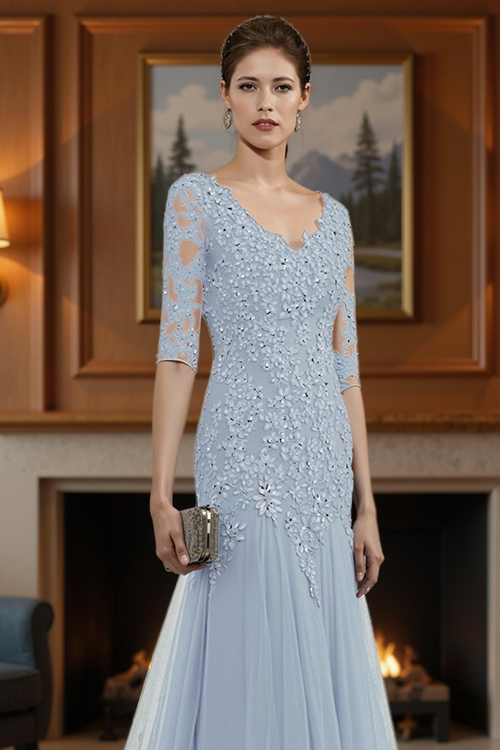 Ink Blue V-Neck A Line Floor-Length Mother of the Bride Dress with Lace