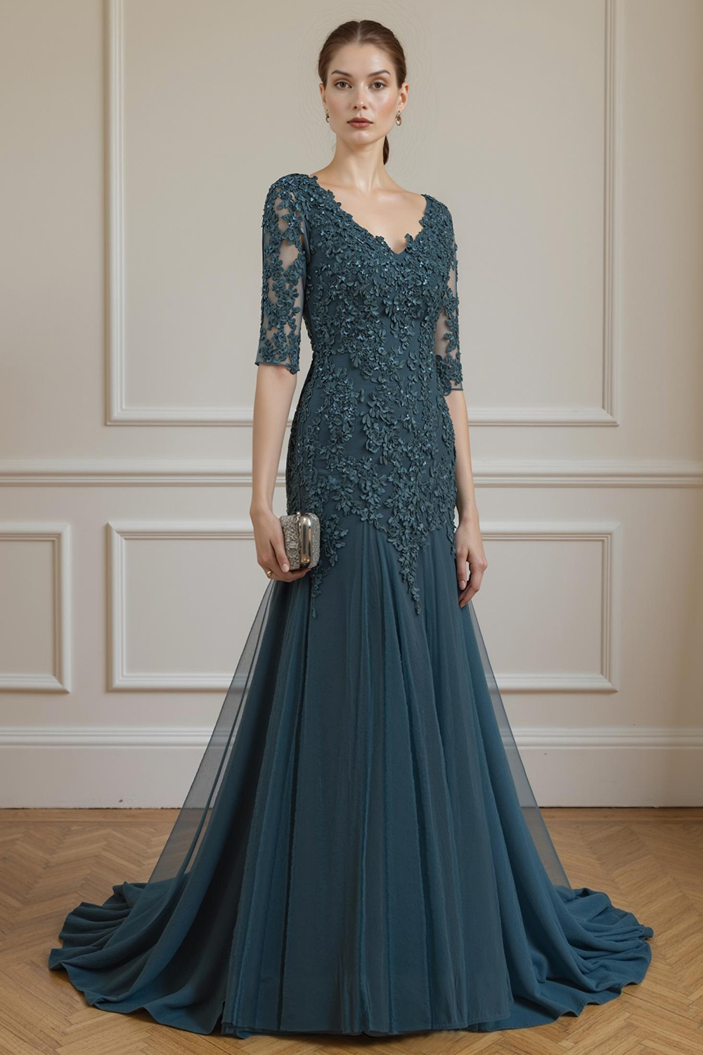 Ink Blue Mermaid V-Neck Lace Floor-Length Mother of the Bride Dress