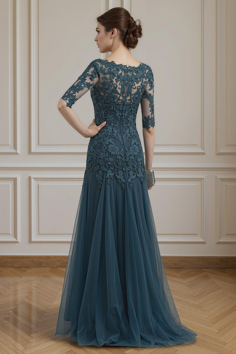 Ink Blue Mermaid V-Neck Lace Floor-Length Mother of the Bride Dress