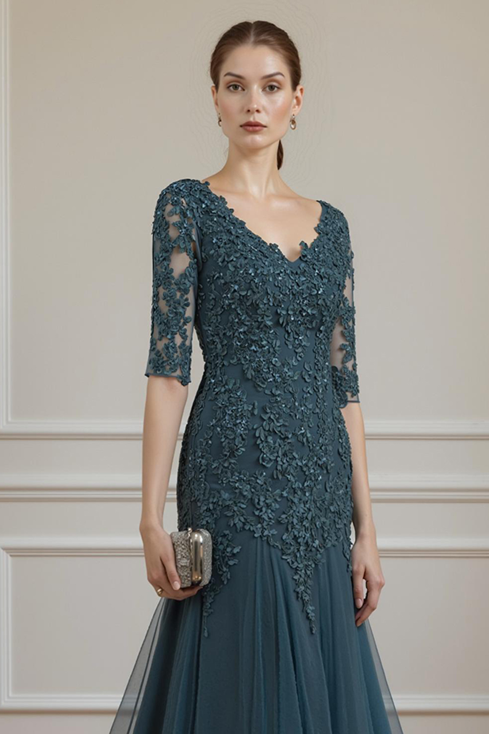 Ink Blue Mermaid V-Neck Lace Floor-Length Mother of the Bride Dress