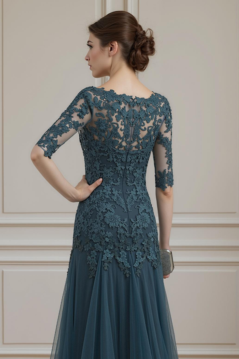 Ink Blue Mermaid V-Neck Lace Floor-Length Mother of the Bride Dress