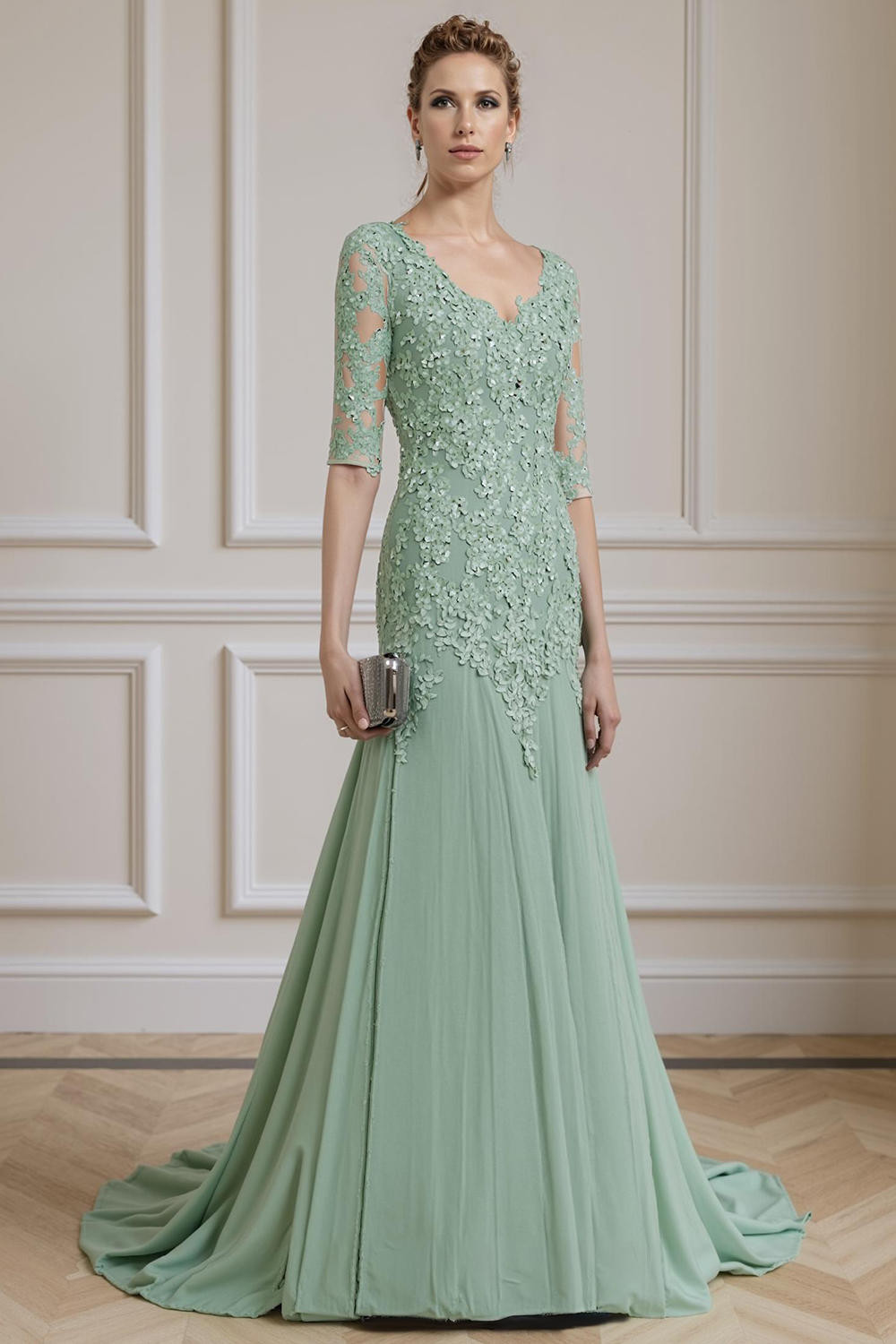 Ink Blue Mermaid V-Neck Lace Floor-Length Mother of the Bride Dress