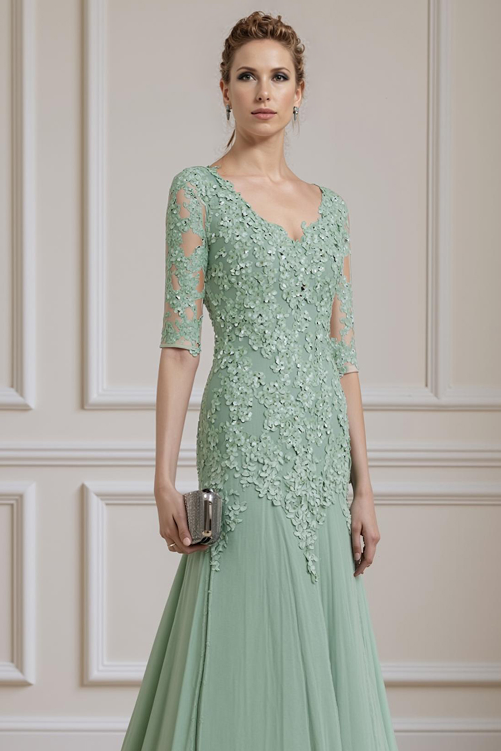 Ink Blue Mermaid V-Neck Lace Floor-Length Mother of the Bride Dress