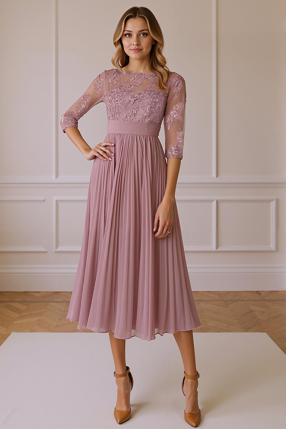 Flowy Dusty Rose Chiffon Boat Neck A-Line Tea-Length Mother of the Bride Dress