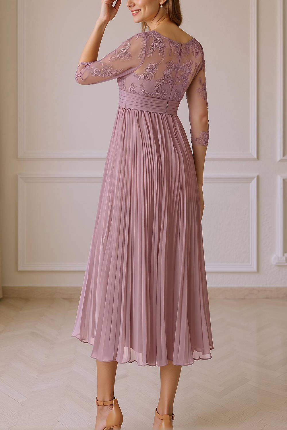 Flowy Dusty Rose Chiffon Boat Neck A-Line Tea-Length Mother of the Bride Dress