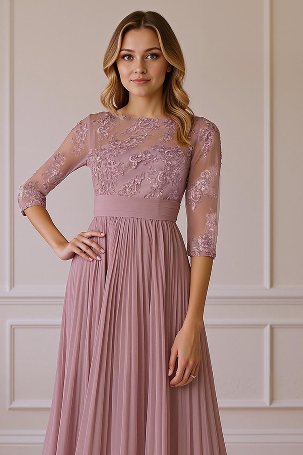 Flowy Dusty Rose Chiffon Boat Neck A-Line Tea-Length Mother of the Bride Dress