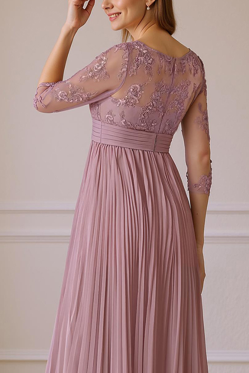 Flowy Dusty Rose Chiffon Boat Neck A-Line Tea-Length Mother of the Bride Dress