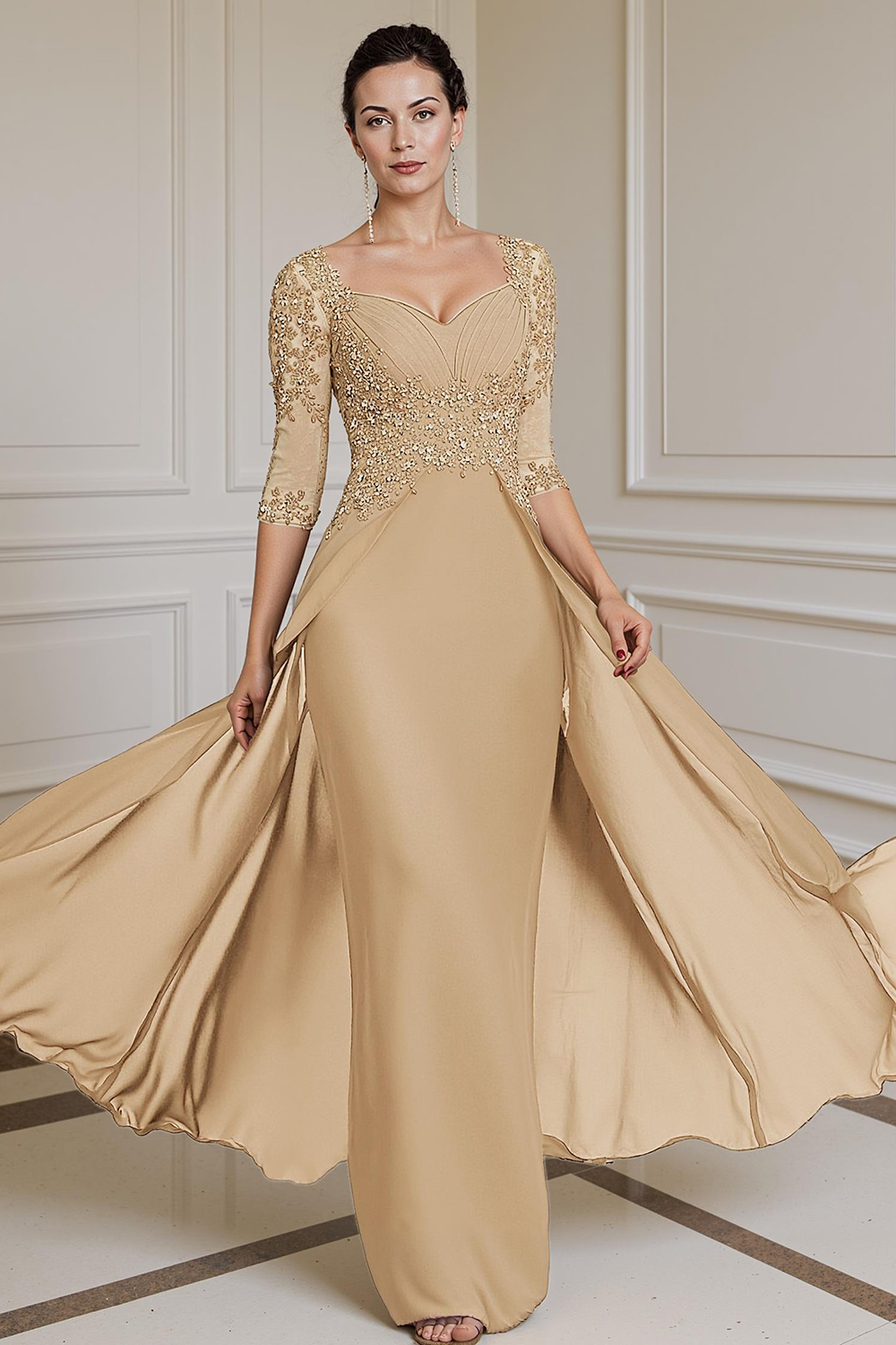 Sparkly Dusty Rose Chiffon Sheath Floor-Length Mother of the Bride Dress with Cape