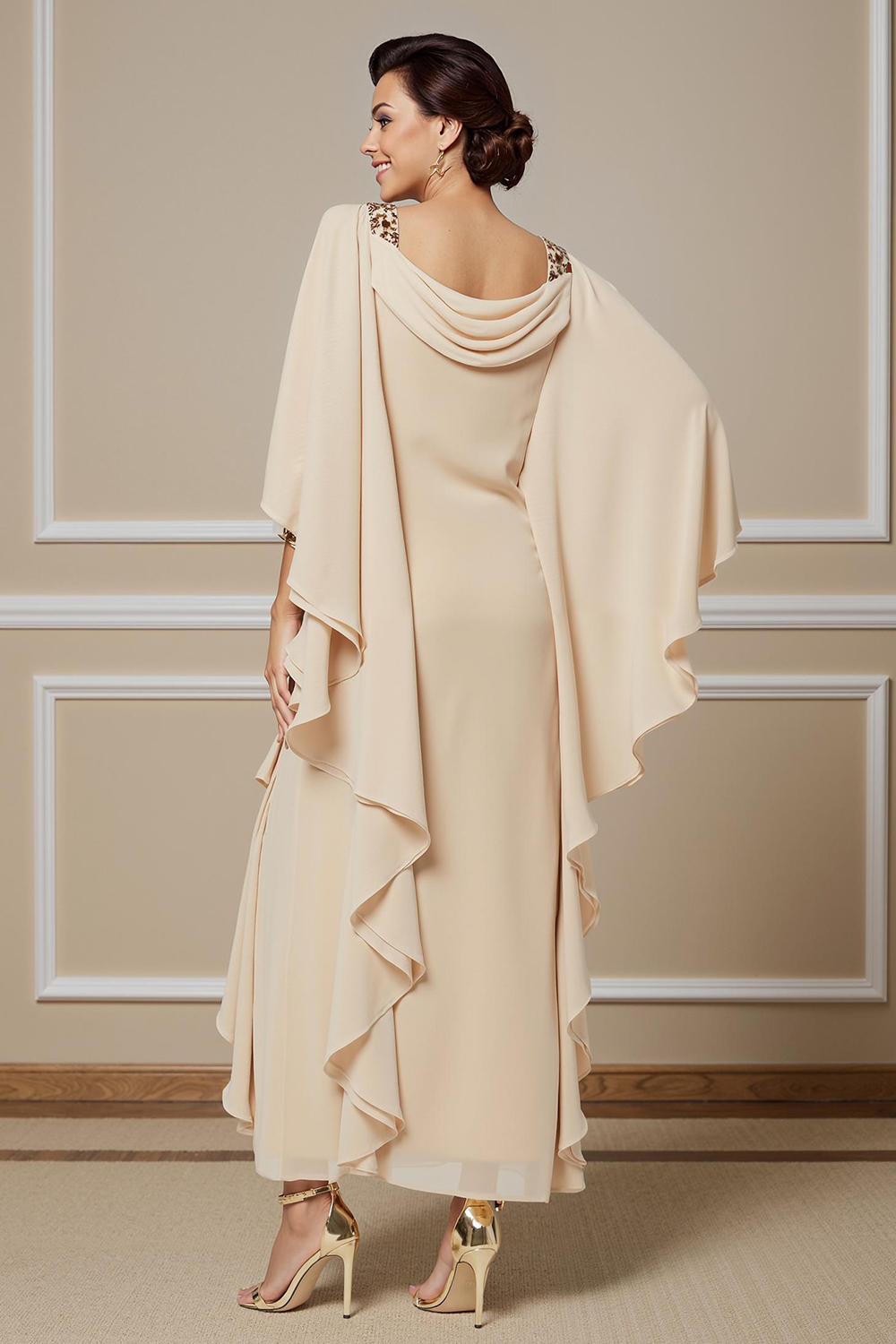 Champagne Chiffon Sheath Ruffled Cowl Neck Ankle-Length Mother of the Bride Dress