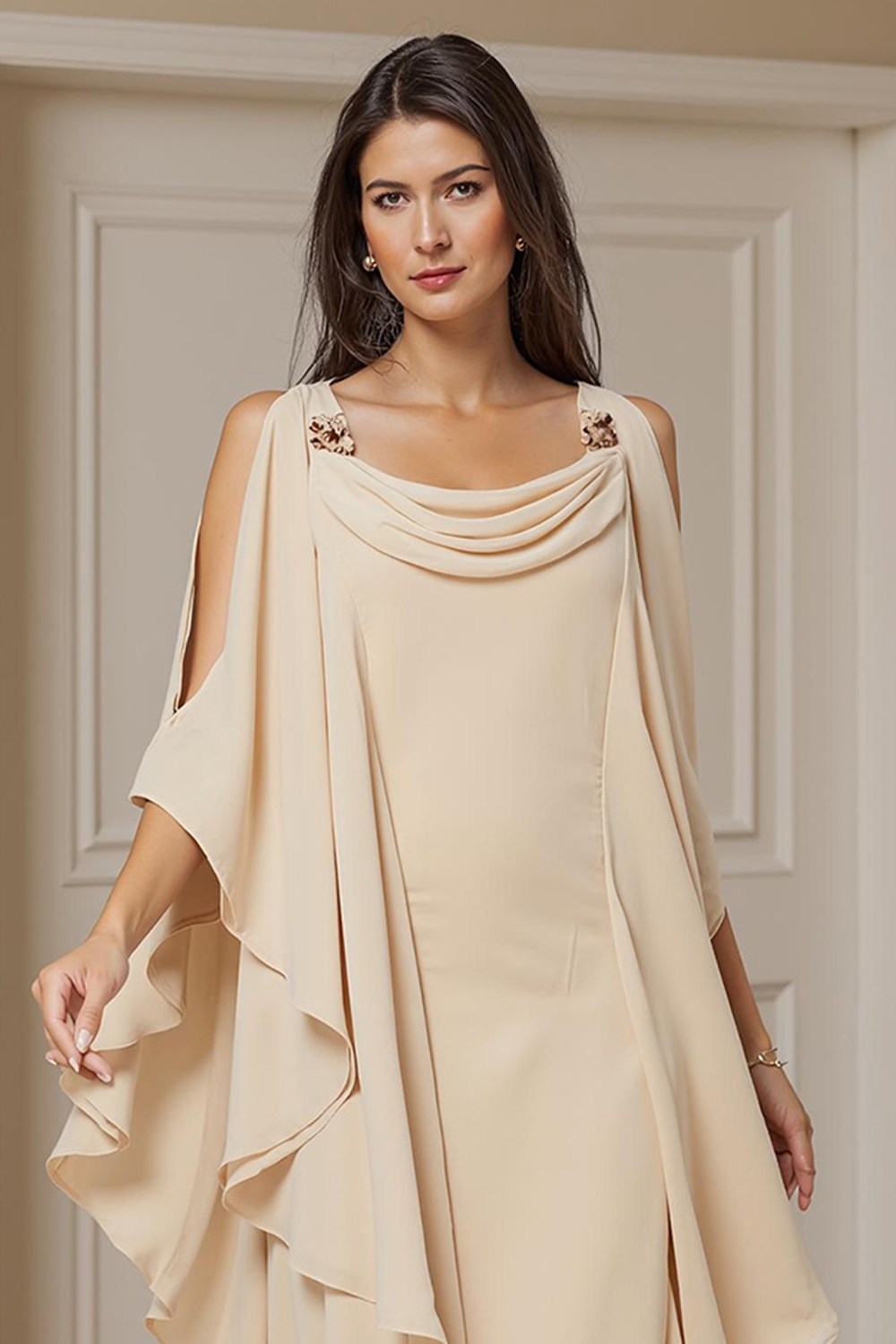 Champagne Chiffon Sheath Ruffled Cowl Neck Ankle-Length Mother of the Bride Dress