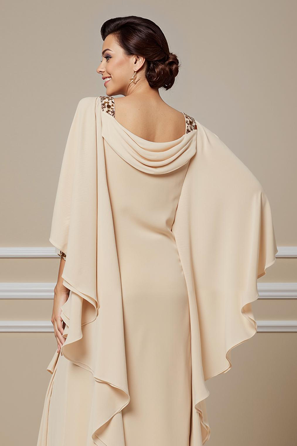 Champagne Chiffon Sheath Ruffled Cowl Neck Ankle-Length Mother of the Bride Dress