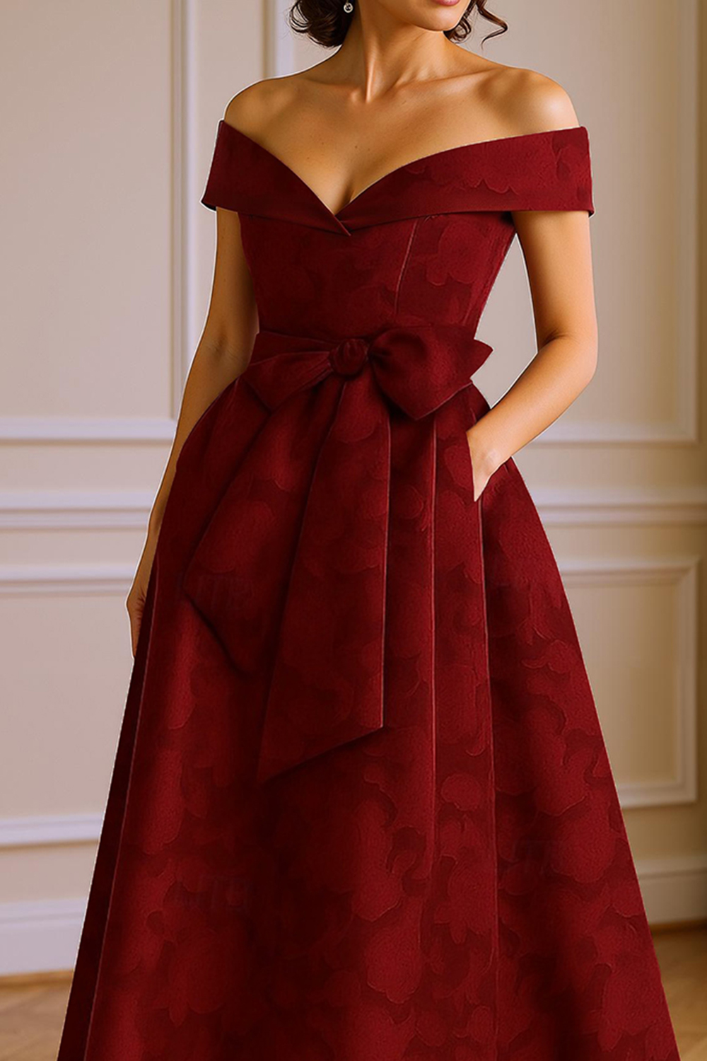 Dusty Blue Lace Off the Shoulder Ankle-Length Mother of the Bride Dress with Bow