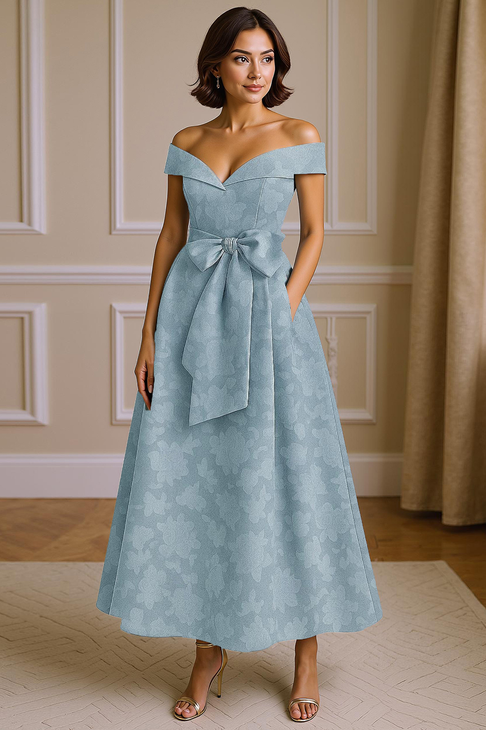 Dusty Blue Lace Off the Shoulder Ankle-Length Mother of the Bride Dress with Bow