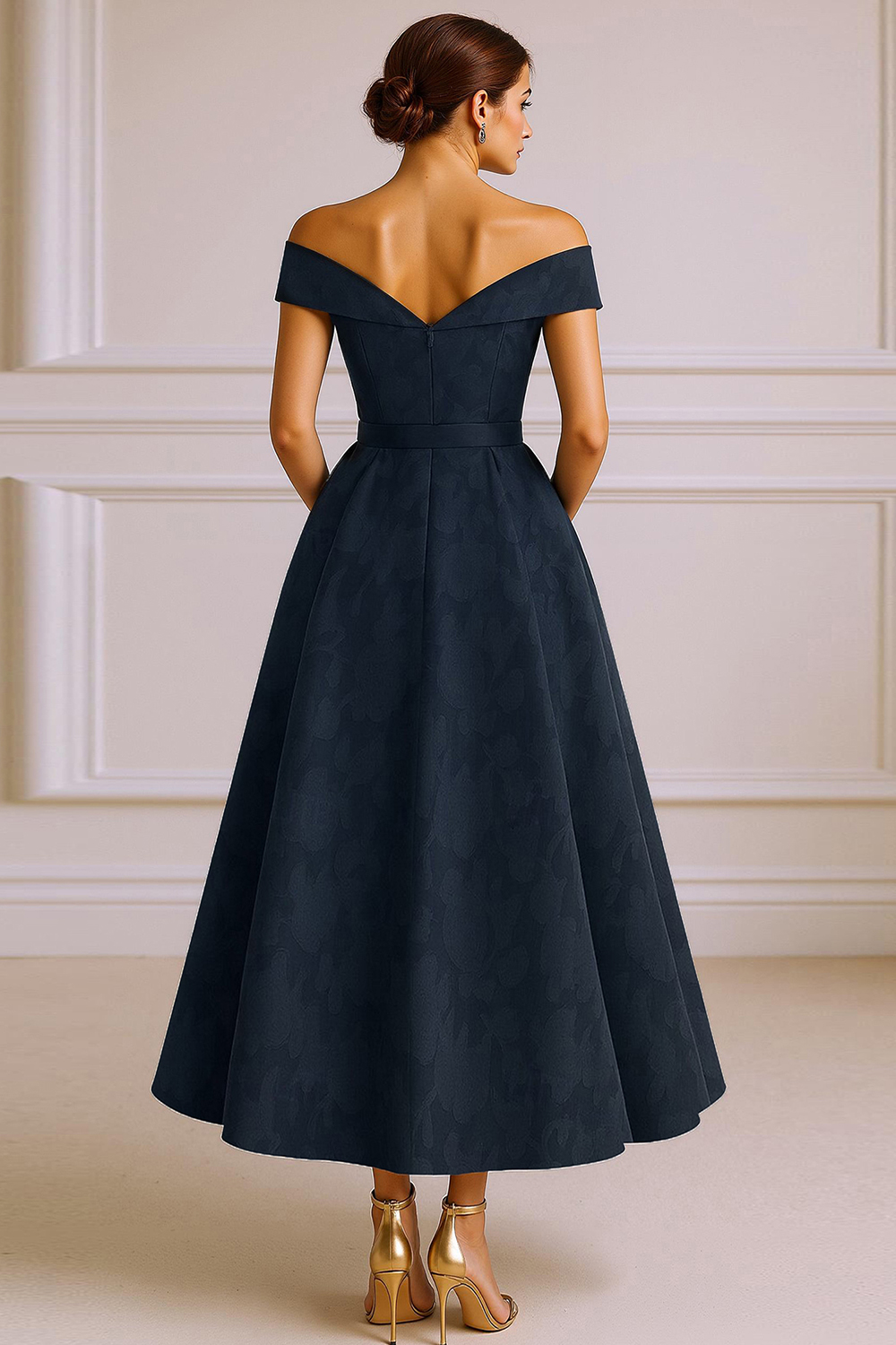 Dusty Blue Lace Off the Shoulder Ankle-Length Mother of the Bride Dress with Bow