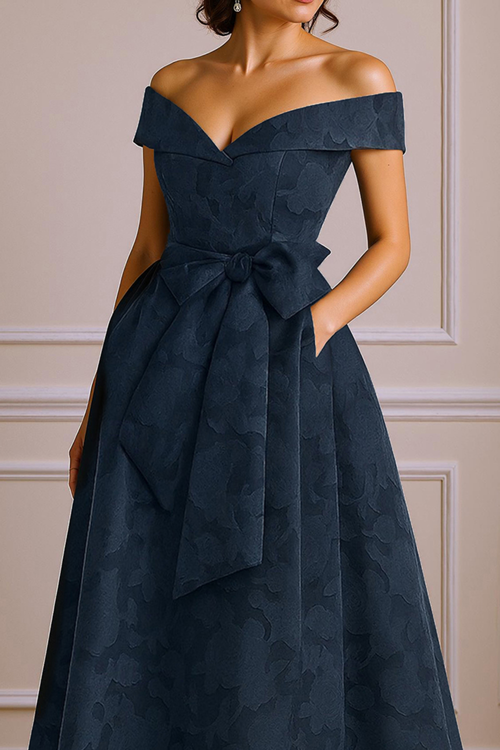 Dusty Blue Lace Off the Shoulder Ankle-Length Mother of the Bride Dress with Bow