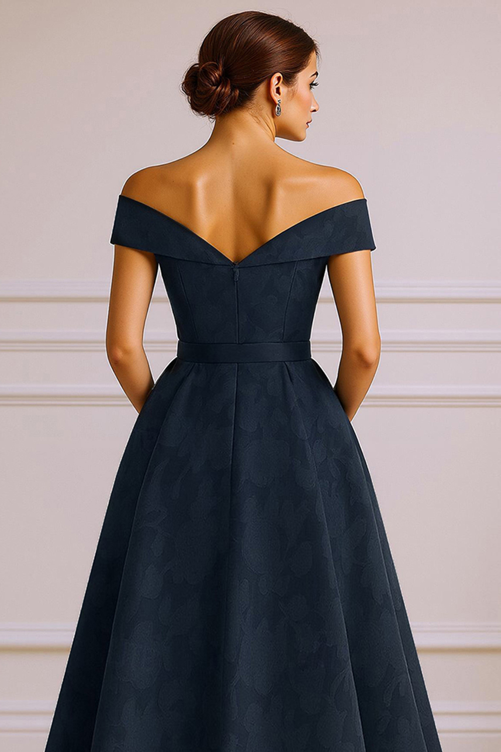 Dusty Blue Lace Off the Shoulder Ankle-Length Mother of the Bride Dress with Bow