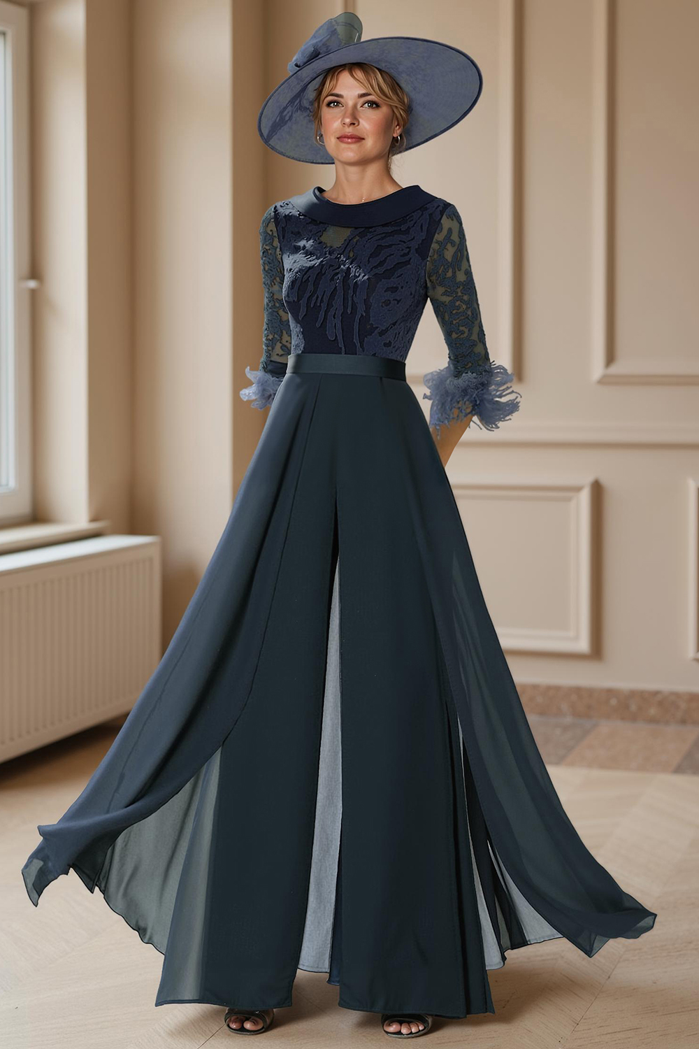 Navy Feathered Boat Neck Floor-Length Mother of the Bride Jumpsuits with Cape