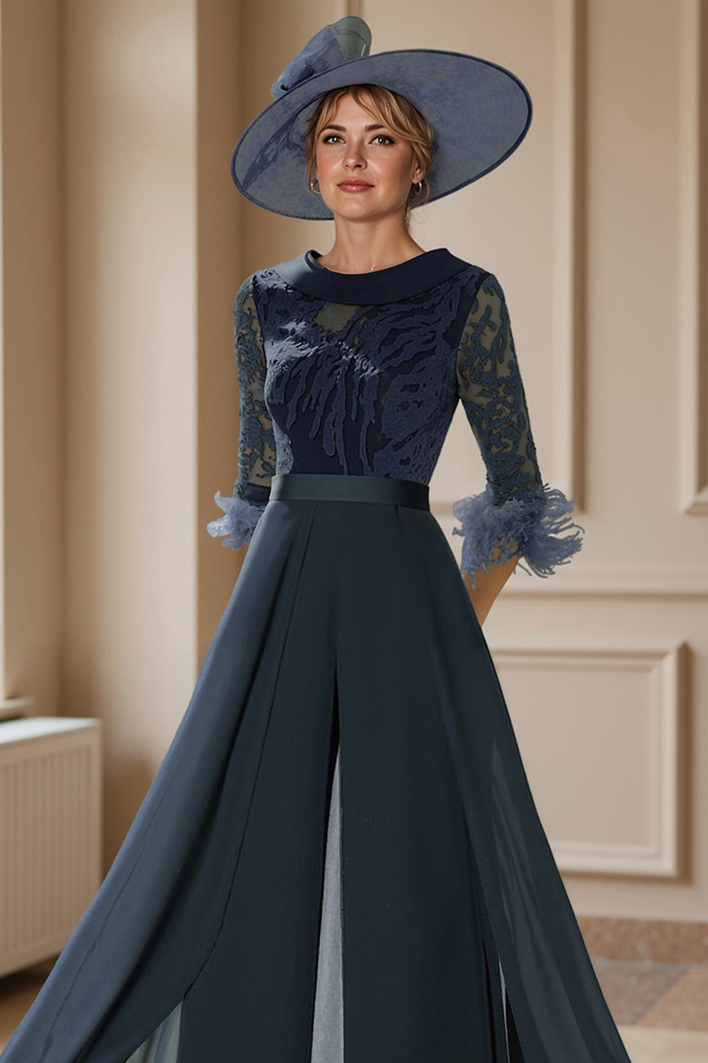 Navy Feathered Boat Neck Floor-Length Mother of the Bride Jumpsuits with Cape