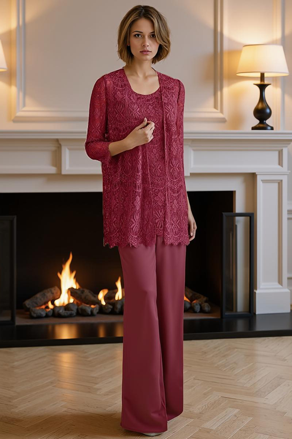 Steel Grey Lace 3 Piece Floor-Length Mother of the Bride Pant Suits with Jacket