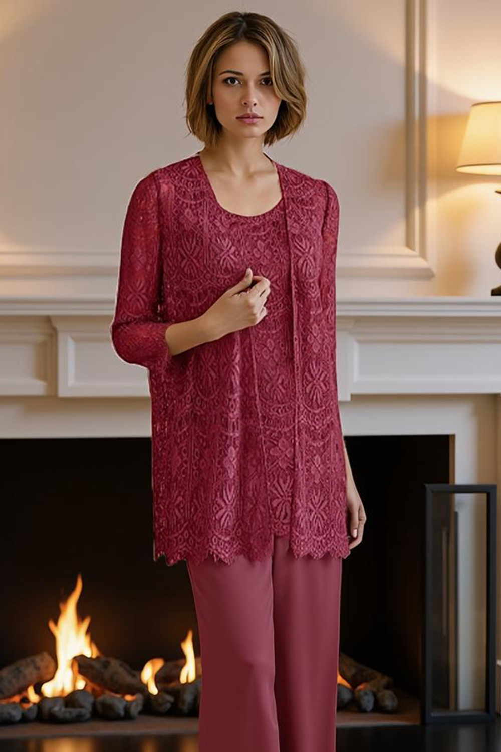 Steel Grey Lace 3 Piece Floor-Length Mother of the Bride Pant Suits with Jacket