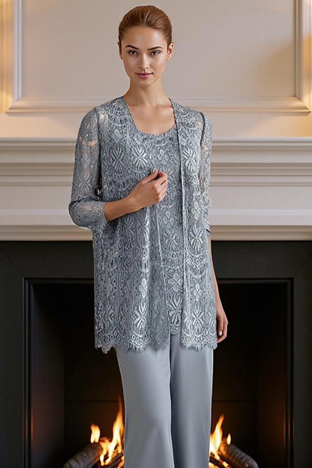 Steel Grey Lace 3 Piece Floor-Length Mother of the Bride Pant Suits with Jacket
