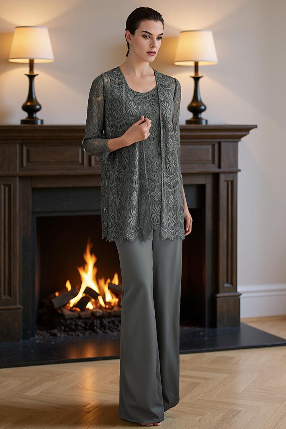 Steel Grey Lace 3 Piece Floor-Length Mother of the Bride Pant Suits with Jacket
