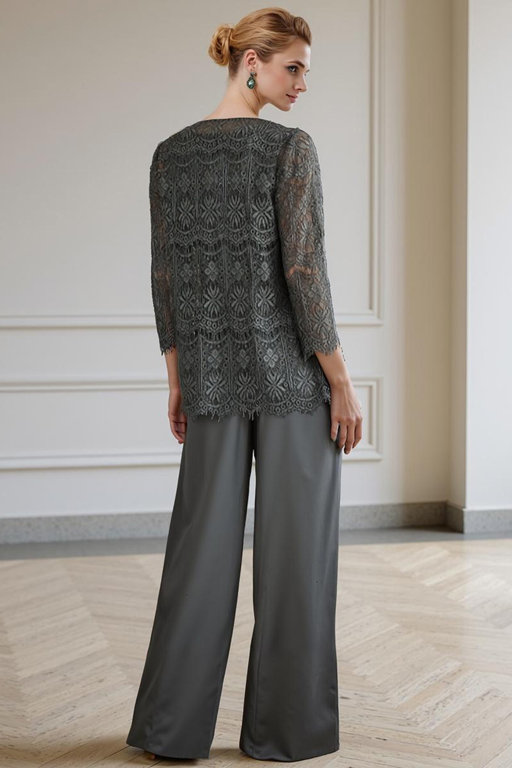 Steel Grey Lace 3 Piece Floor-Length Mother of the Bride Pant Suits with Jacket