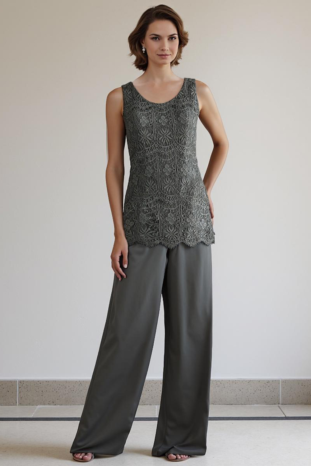 Steel Grey Lace 3 Piece Floor-Length Mother of the Bride Pant Suits with Jacket