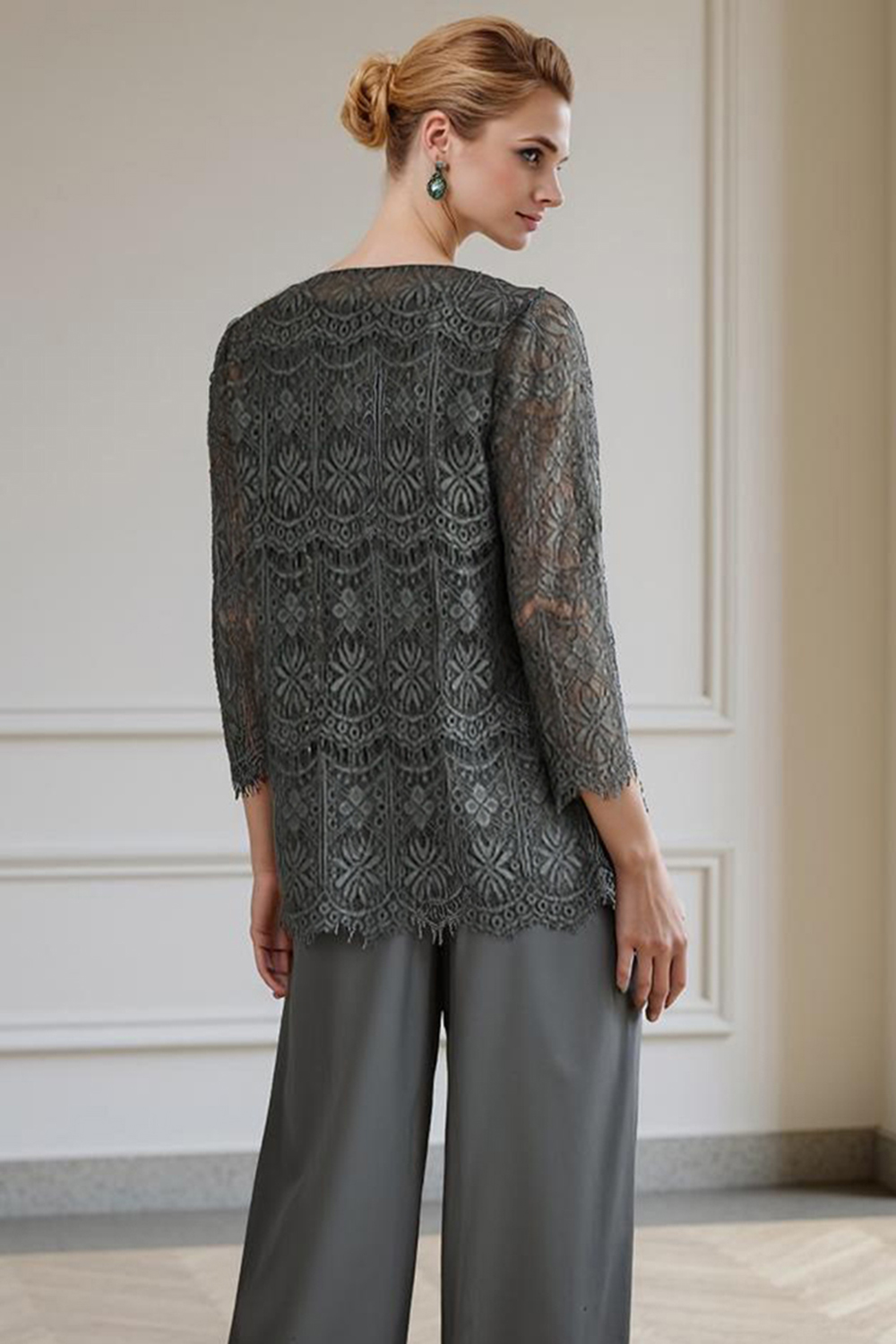 Steel Grey Lace 3 Piece Floor-Length Mother of the Bride Pant Suits with Jacket