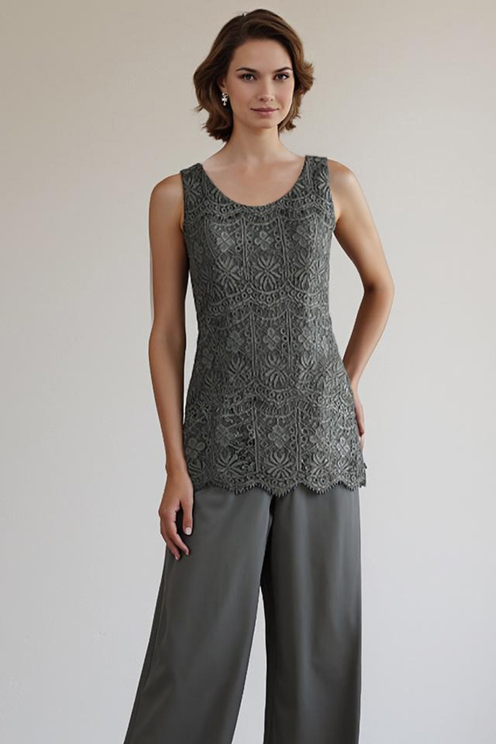 Steel Grey Lace 3 Piece Floor-Length Mother of the Bride Pant Suits with Jacket