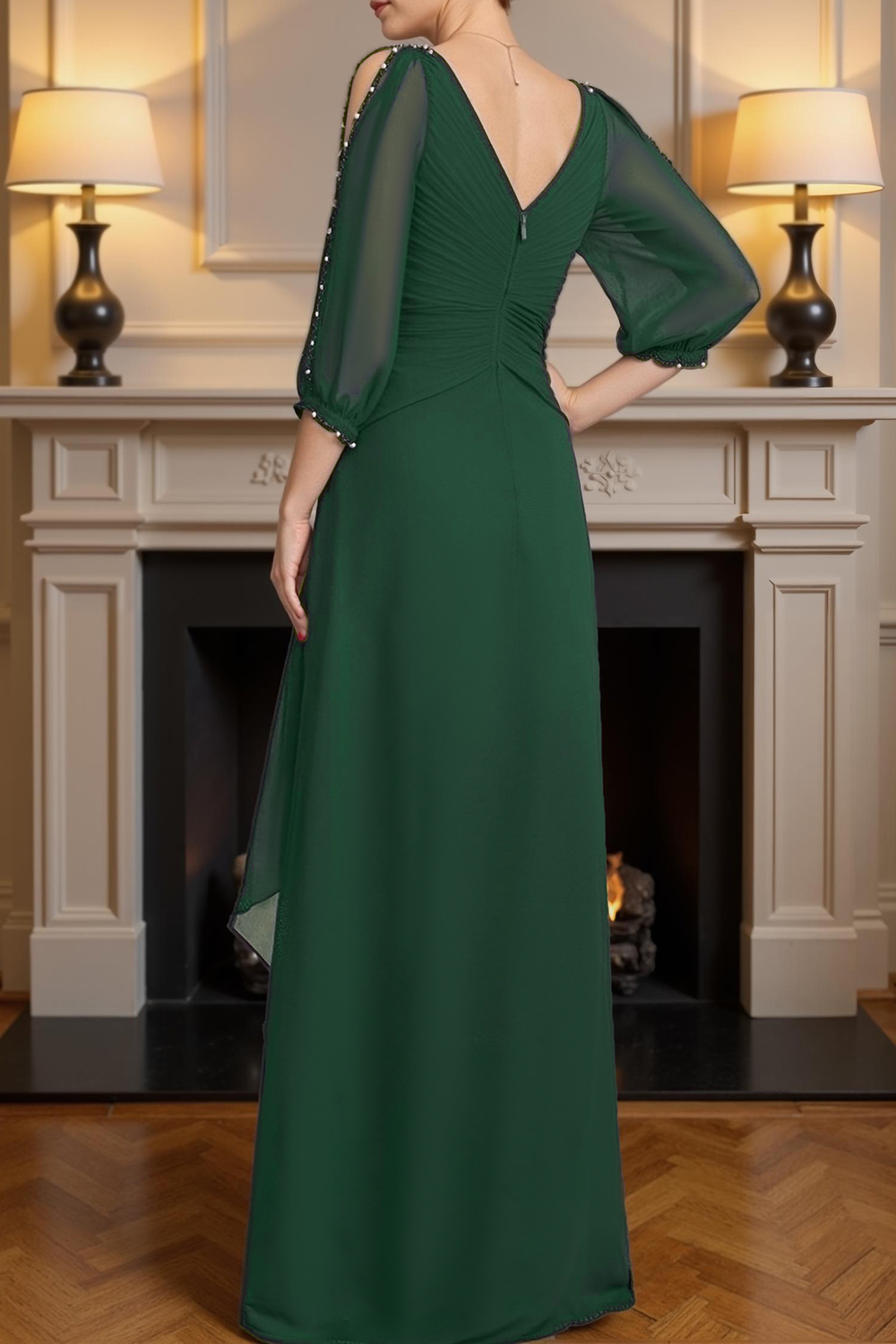 Sparkly Dark Green V-Neck Chiffon Floor-Length Mother of the Bride Dress with Beading
