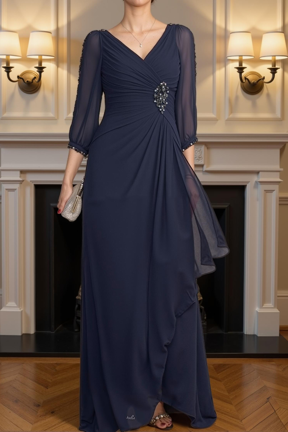 Sparkly Dark Green V-Neck Chiffon Floor-Length Mother of the Bride Dress with Beading