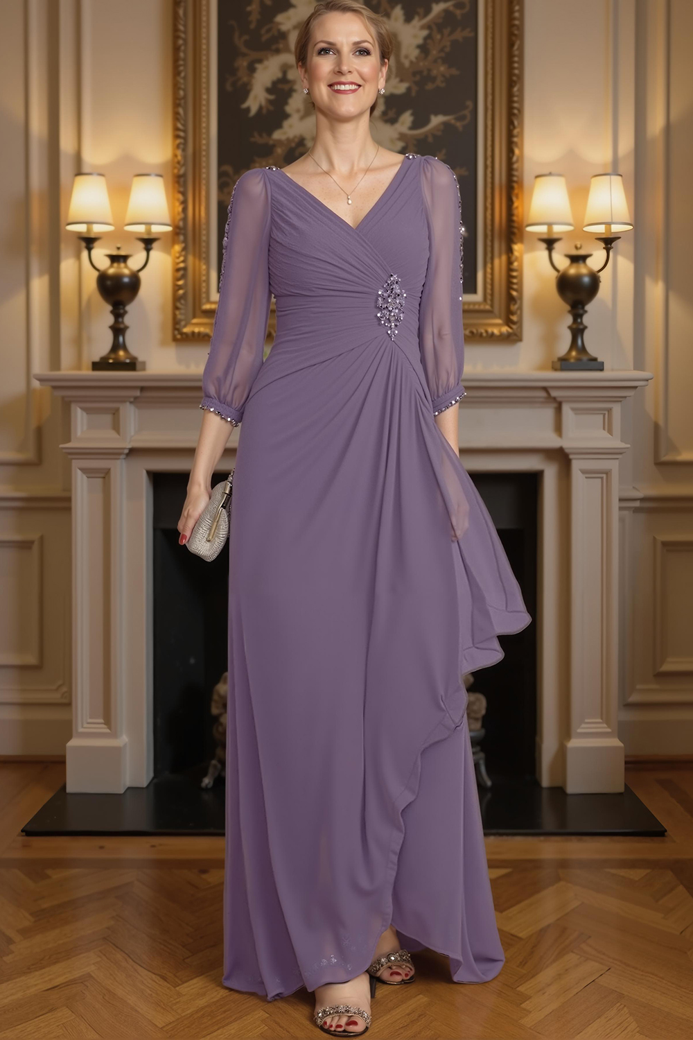 Sparkly Dark Green V-Neck Chiffon Floor-Length Mother of the Bride Dress with Beading