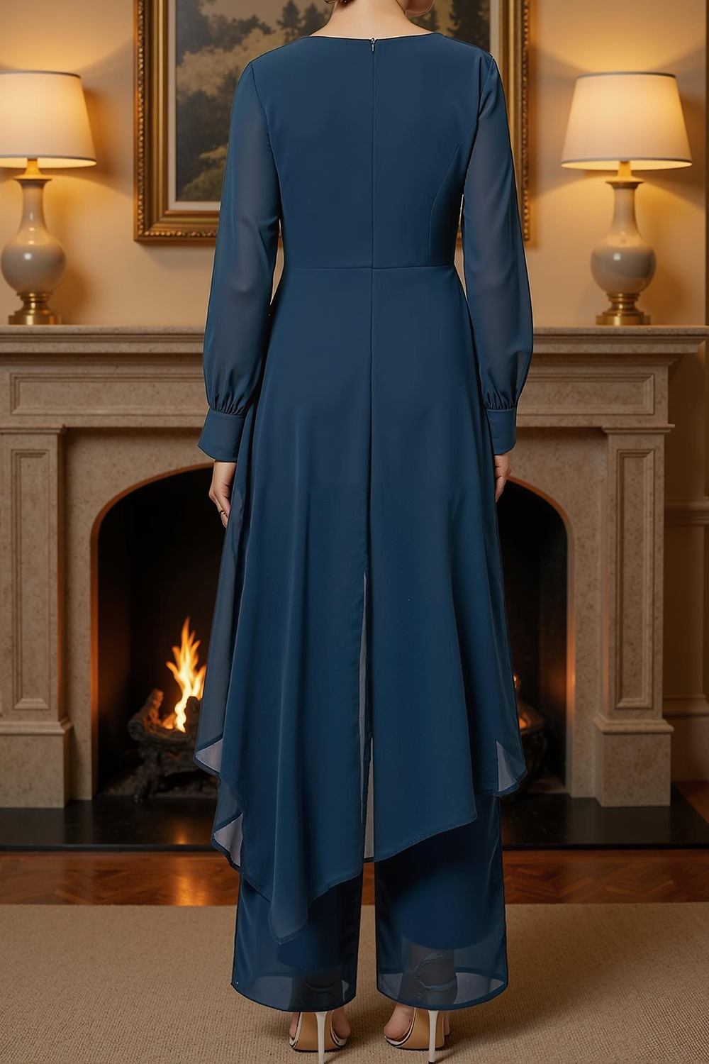 Plum Chiffon Boat Neck Floor-Length 2 Piece Mother of the Bride Pant Suits