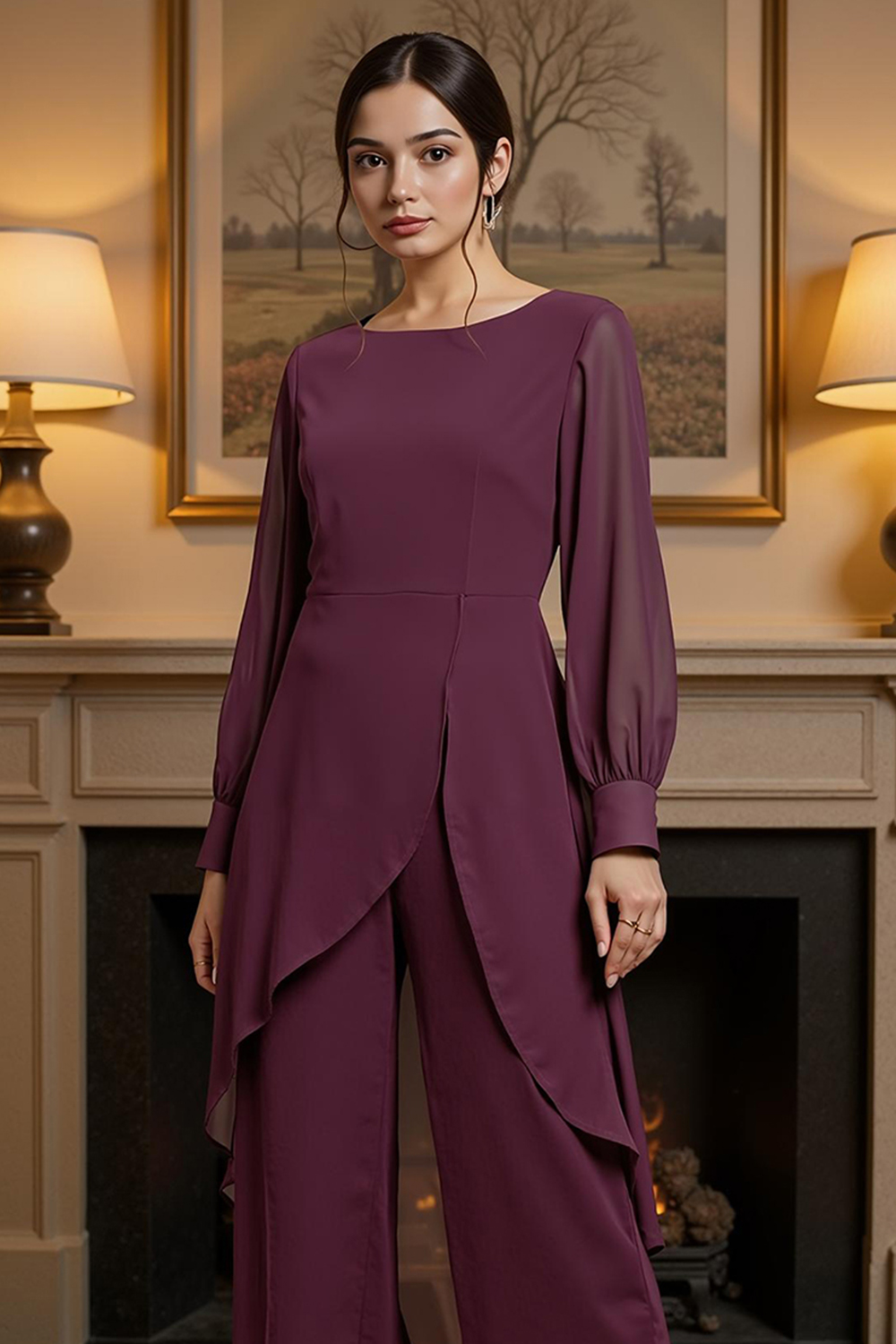 Plum Chiffon Boat Neck Floor-Length 2 Piece Mother of the Bride Pant Suits