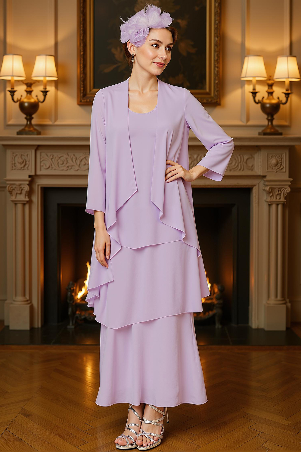 Khaki Tiered Ruffled 2 Piece Ankle-Length Mother of the Bride Dress with Jacket