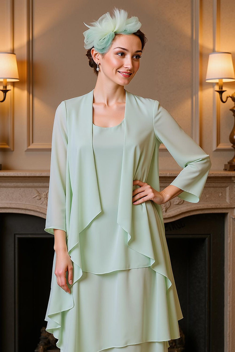 Khaki Tiered Ruffled 2 Piece Ankle-Length Mother of the Bride Dress with Jacket