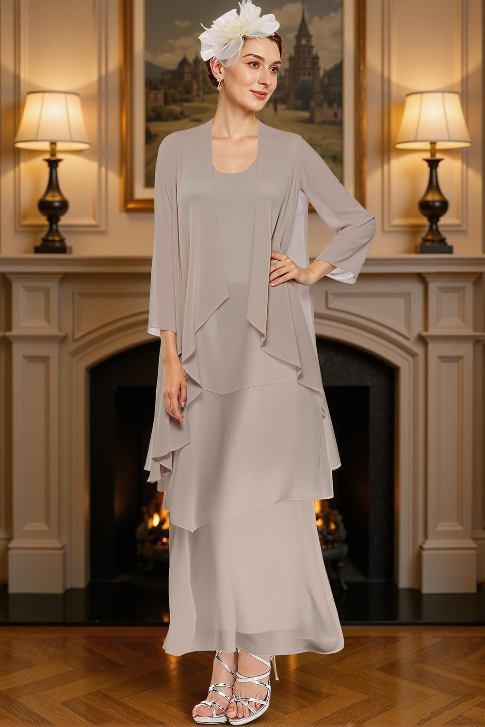 Khaki Tiered Ruffled 2 Piece Ankle-Length Mother of the Bride Dress with Jacket