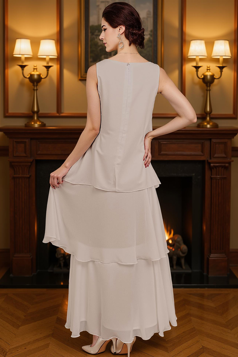 Khaki Tiered Ruffled 2 Piece Ankle-Length Mother of the Bride Dress with Jacket