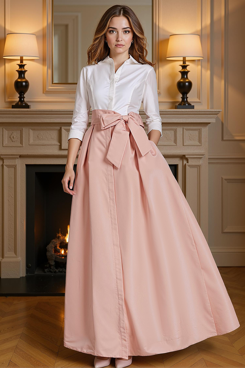 Blush Pink Satin A Line Ankle-Length Mother of the Bride Dress with Bow