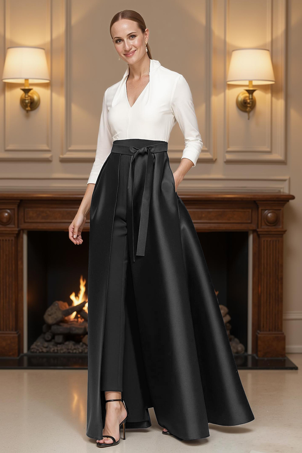 Navy V-Neck 2 Piece Floor-Length Mother of the Bride Pant Suits with Cape